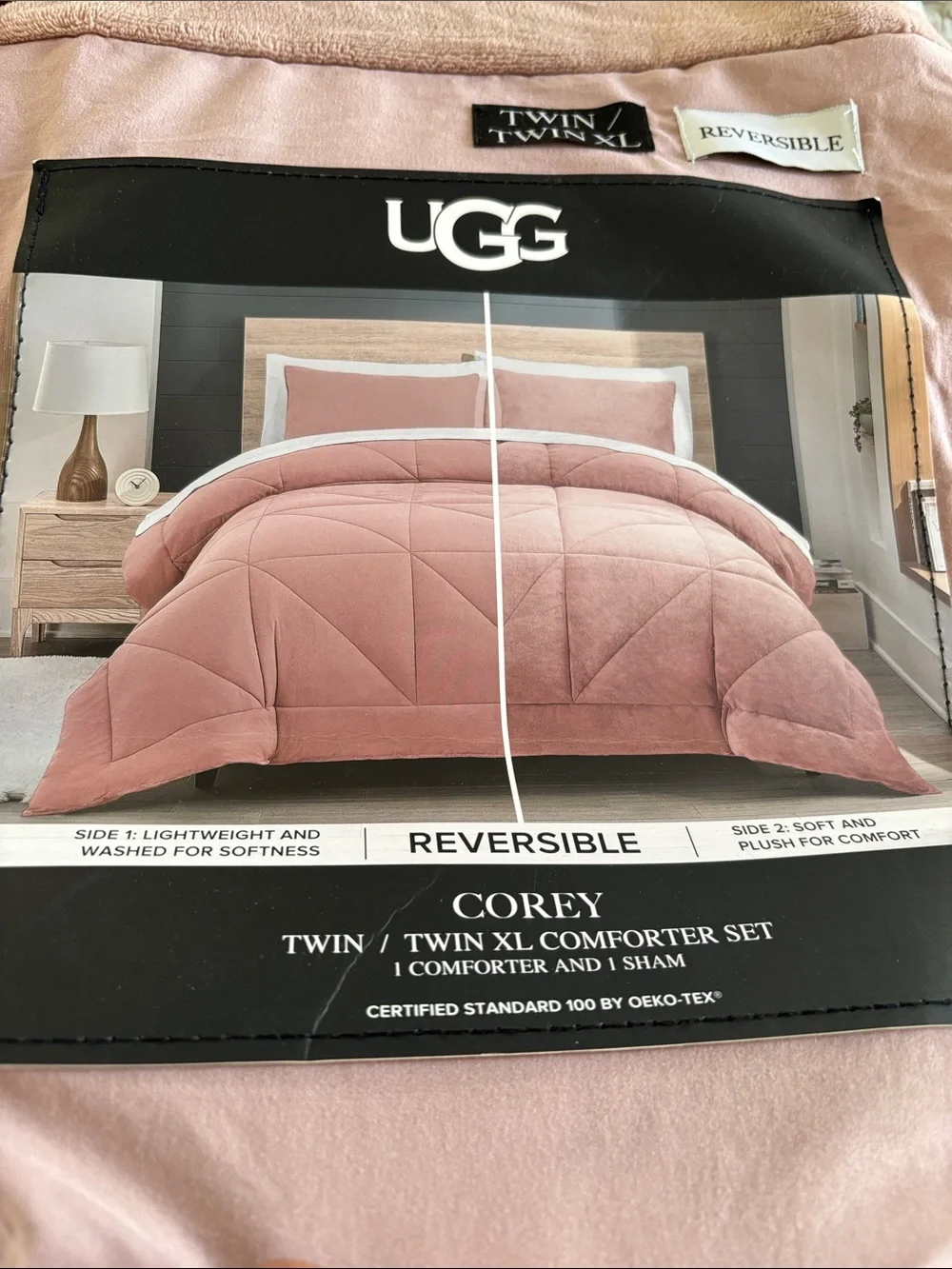 Dorm Set UGG Corey Reversible Comforter Set in Blush & Sheets